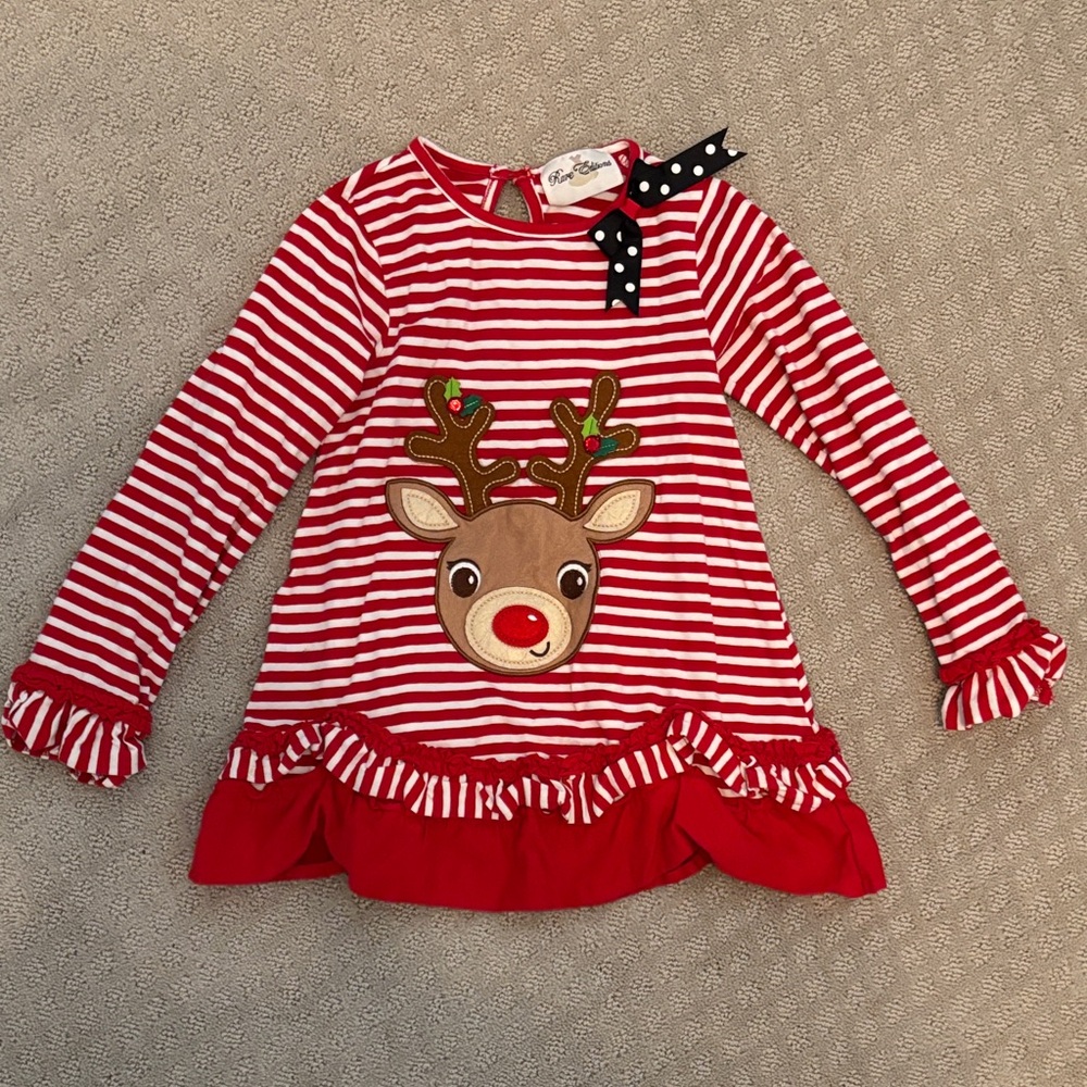 Rare Editions Red and White Striped Dress with Reindeer